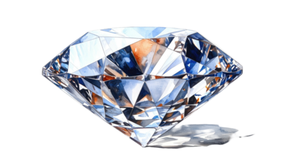 Watercolor illustration of a large, multifaceted gemstone with brilliant light reflections