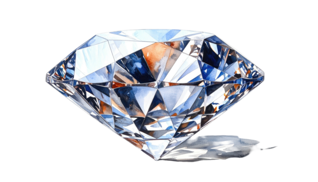 Watercolor illustration of a large, multifaceted gemstone with brilliant light reflections