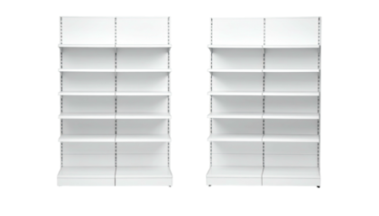 Two clean, white, empty store shelves side-by-side against a black background, facing camera