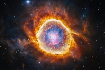 Obraz premium The vibrant Helix Nebula, an eye-like planetary nebula, reveals a dying star's expelled gas and dust in brilliant cosmic colors.