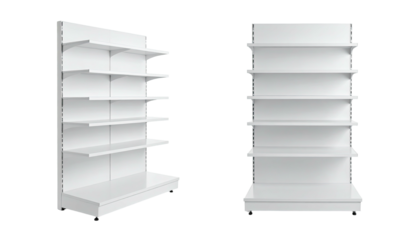 Two white, empty retail shelves, one angled, the other frontal, both with multiple tiers
