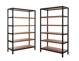 Two modern bookcases with dark metal frames and wooden shelves