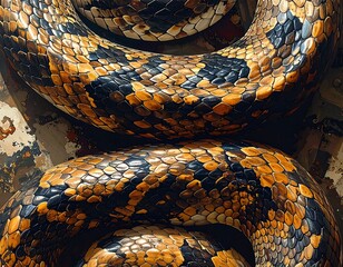 Close-up of a snake's intricate scales.  Colorful patterns of gold, orange, black, and cream snake skin.  Texture and coils.  Background is a weathered, mottled surface