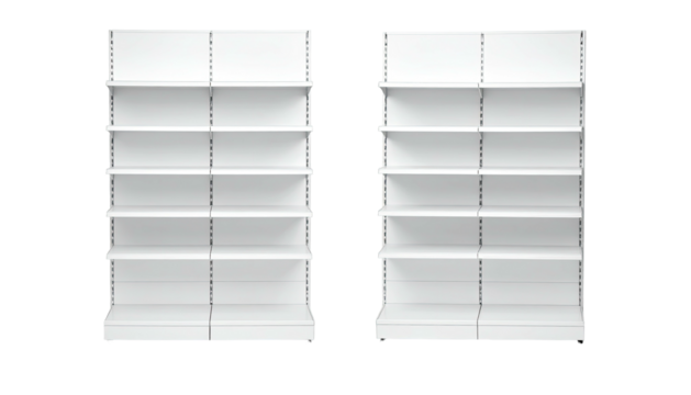 Two clean, white, empty store shelves side-by-side against a black background, facing camera