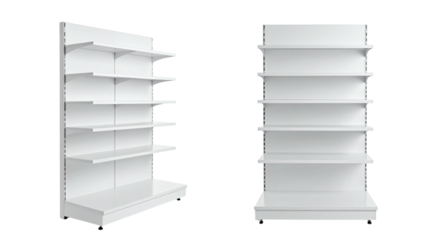 Two white, empty retail shelves, one angled, the other frontal, both with multiple tiers