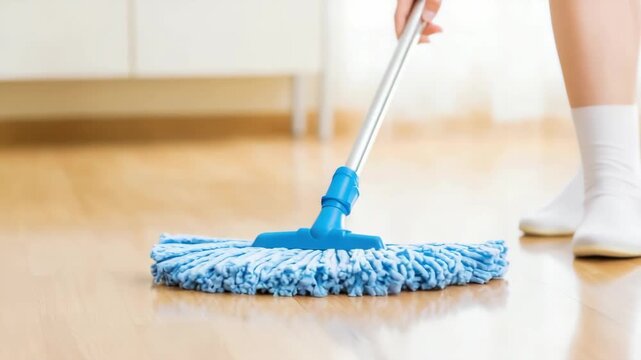 Efficient cleaning action: blue mop sweeping wooden floor in modern home
