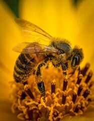 Close-up of a honeybee on a bright yellow flower
