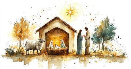 Watercolor art depiction of the nativity scene with serene and festive elements