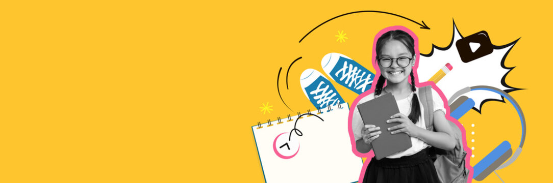 A cheerful student stands holding a tablet, smiling brightly. Surrounding her are vibrant graphics like sneakers and creative symbols, creating an energetic and playful atmosphere. - Powered by Adobe