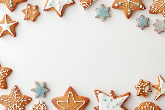 A delightful assortment of intricately decorated gingerbread cookies, showcasing festive shapes and colors on a clean surface, perfect for holiday celebrations and gatherings.