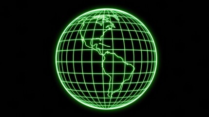 Glowing Green World Map With Grid Lines Showcasing North and South America in a Digital Design Setting