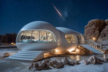A futuristic spacecraft or habitat situated in a desert-like environment at night under a starry sky.