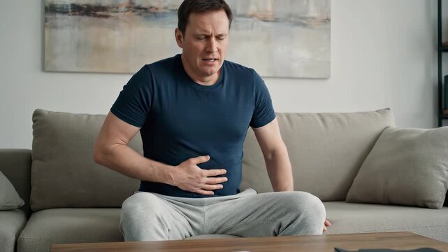 White brunette middle aged man suffers from abdominal decease, sitting on a sofa. He touches his stomach, his face contorted in pain