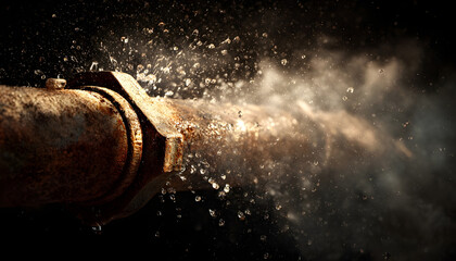A rusty pipe bursts spraying water in a dramatic urgent scene highlighting a plumbing emergency and potential damage