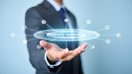 Businessman holding a glowing digital network interface with data points