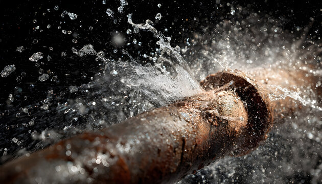 A rusty pipe bursts spraying water in a dramatic urgent scene highlighting a plumbing emergency and potential damage