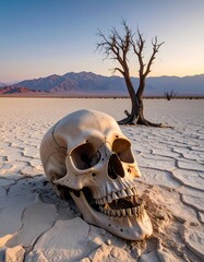 A bleached skull rests on cracked, white desert earth, beneath a barren, sun-drenched sky, with distant mountains and a solitary dead tree