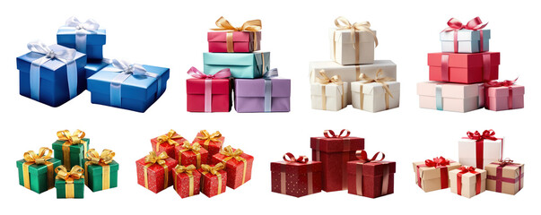 PNG Colorful gift boxes with bows, element set on transparent background