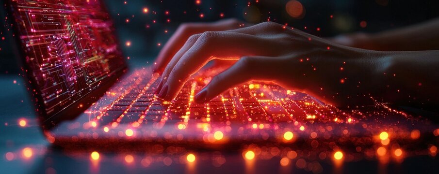 Close-up of Hands Typing on a Glowing High-Tech Laptop Keyboard