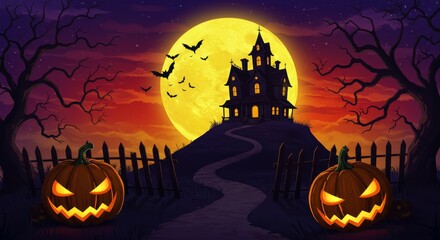 Spooky Night at the Haunted Mansion, Halloween Landscape with Pumpkins and Bats
