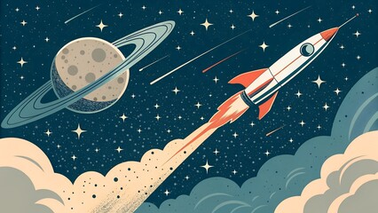 Retro 1960s Sci-Fi Rocket, Planet and Stars in Space