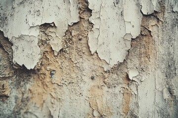 Obraz premium Detailed view of a deteriorated wall showcasing flaking, cracked white paint over a textured, rough, earthy-toned surface. Rustic decay.