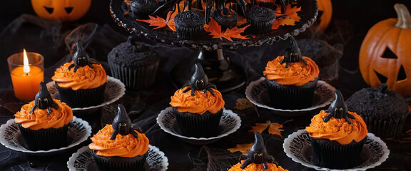 Cupcake neri di Halloween con glassa arancione brillante e ragni di zucchero in un'atmosfera spettrale.