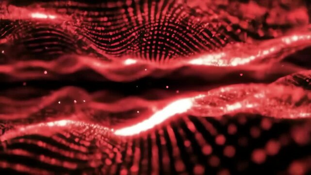 Futuristic digital landscape of glowing red particle waves flowing in a seamless loop animation
