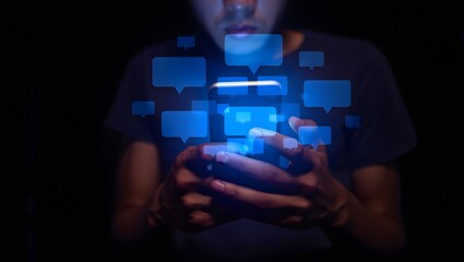 Person holding glowing blue digital squares in hands with dark background