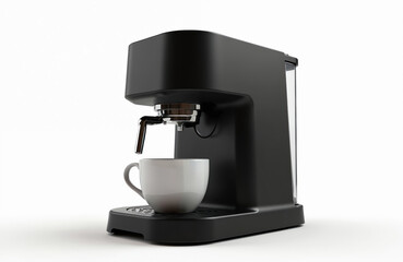 Modern black espresso machine brews coffee into white cup. Sleek appliance prepares hot caffeine beverage for morning energy. Home baristas use pro equipment for delicious taste.