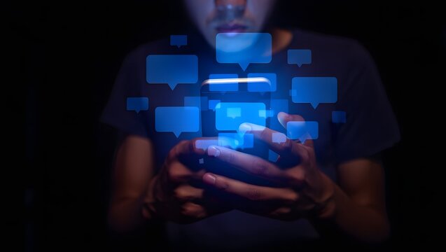 Person holding glowing blue digital squares in hands with dark background