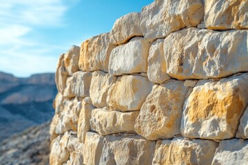 A rugged dry stone wall built from light-colored, irregular rocks, bathed in sunlight against a clear blue sky and distant blurred mountains.