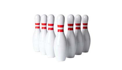 A close-up view of eight white bowling pins with red stripes, arranged in a standard formation