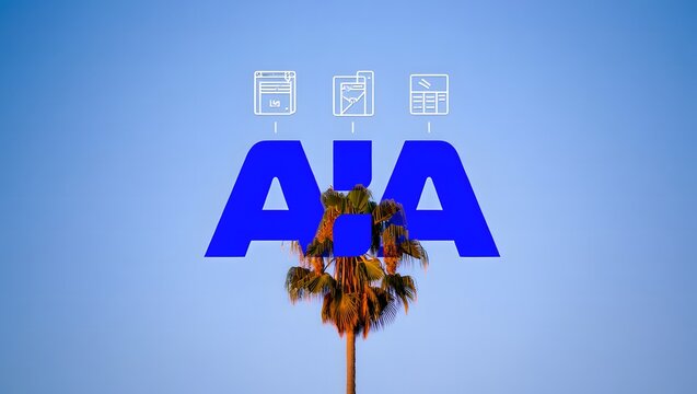 Bold blue aia letters above palm tree against clear sky