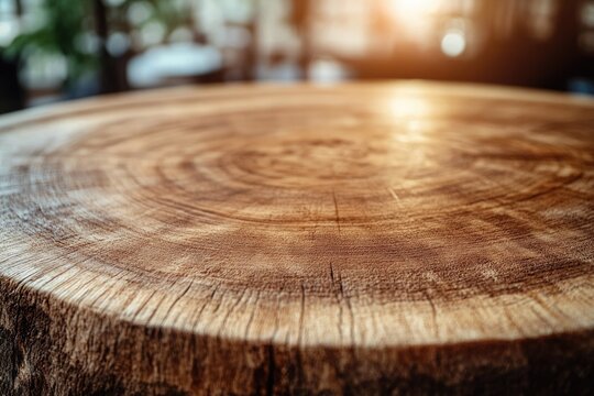 A close-up of a textured, rustic circular wooden table or tree stump surface, featuring prominent natural grain and growth rings under warm light.