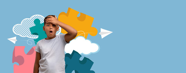 A child with a surprised expression stands against a blue background filled with colorful puzzle pieces and playful clouds. This collage captures the joy and creativity of school activities.