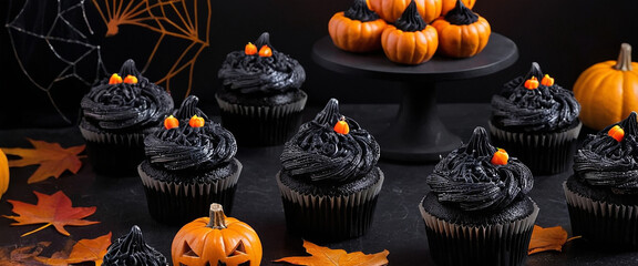 Cupcake neri di Halloween con glassa e caramelle, zucche e decorazioni autunnali.