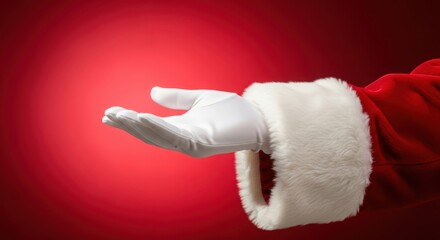 Santas hand in white glove with red sleeve on red background