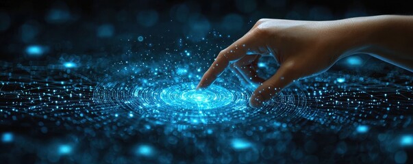 Hand interacting with network technology and glowing circular interface patterns