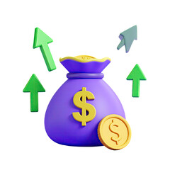Obraz premium 3D render purple money bag with gold dollar sign & coin, green arrows pointing upwards