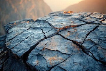 Close-up of weathered, deeply fractured blue-grey rock surface, touched by warm orange sunlight. Blurred distant mountains complete the natural scene.