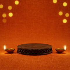 Obraz na płótnie Canvas Diwali celebrations diwali diya decorations and podium in the orange background Obraz na płótnie Canvas Diwali celebrations diwali diya decorations and podium in the orange background