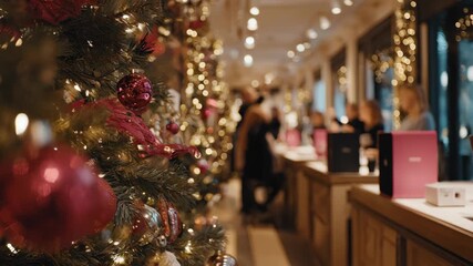 Medium shot capturing store speakers playing thematic audio messages aligned with a festive holiday theme engaging customers visually and audibly.