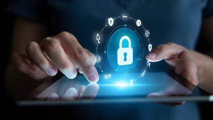 Person interacting with a glowing digital security padlock interface on a tablet
