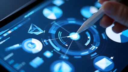 Hand using stylus on futuristic digital interface with glowing charts and graphs