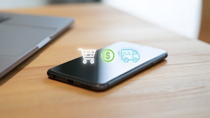 Smartphone with shopping cart and dollar sign icons overlayed representing online shopping