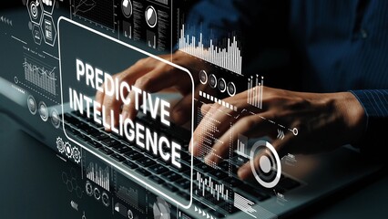 Hands Typing on Keyboard with Visual Data Overlays Representing Predictive Intelligence and Data Analytics in Modern Technology. Asymptotic smart data analytic.