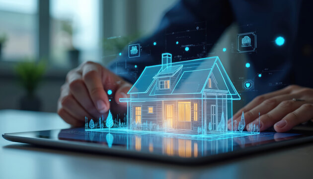 Person using tablet with digital house model. Modern smart home tech concept. Real estate innovation in virtual environment. Future of property management with technology. Digital home design