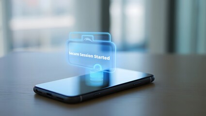 Smartphone displaying a futuristic holographic interface with data and charts