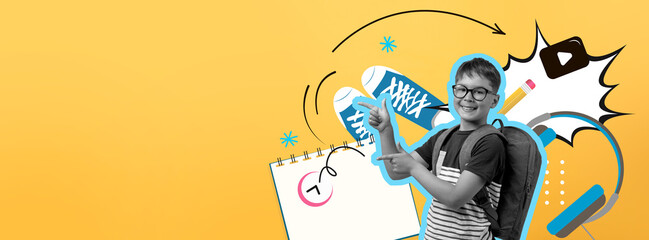 A cheerful student wearing glasses and a striped shirt points enthusiastically while carrying a backpack. Surrounding him are colorful design elements, including sneakers and a notepad.